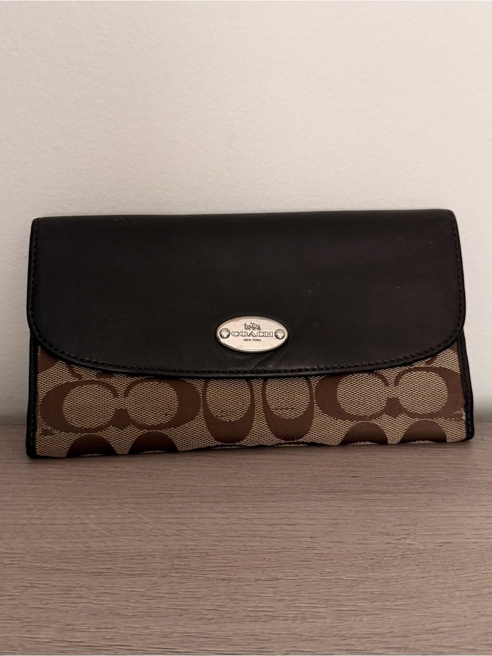 Coach Brown Signature Canvas Trifold Wallet with Leather Trim & Carriage Logo